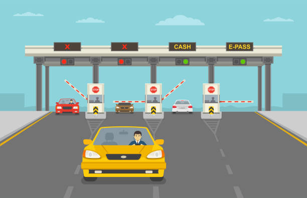 autos, die durch checkpoint passieren, um die maut auf der autobahn zu bezahlen. - traffic jam illustrations stock-grafiken, -clipart, -cartoons und -symbole