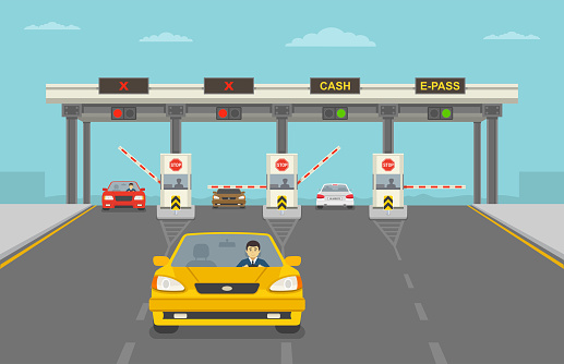 Cars passing through checkpoint to pay road toll at highway. Flat vector illustration template.