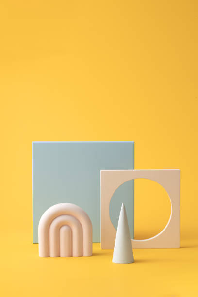 istock Creative abstract podium from different form figures against a yellow background with soft light. 1462672600