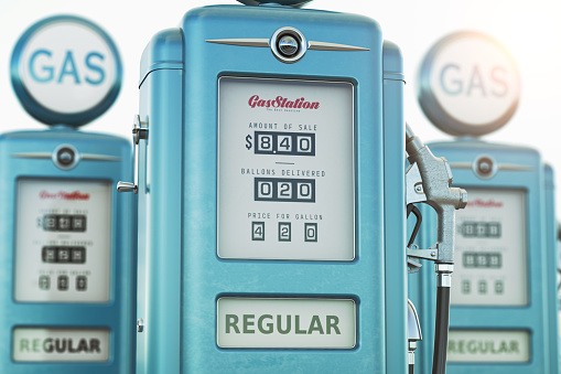 Row of vintage  fuel pumps on gas pump station. 3d illustration
