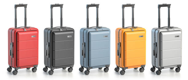 istock Suitcases of different colors isolated on white background. 1462675622