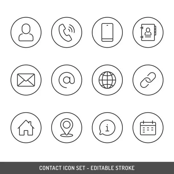 Vector illustration of Contact Icon Set Editable Stroke Vector Design on White Background. Name, Phone, Mobile Phone, Telephone Book, Message, Mail, Website, Link, Address, Location, Info and Calendar Icon Set.
