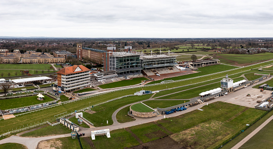 York Racecourse, UK - February 4, 2023.  Aerial view of York Racecourse with grandstand and viewing areas