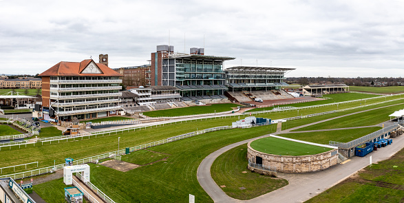 York Racecourse, UK - February 4, 2023.  Aerial view of York Racecourse with grandstand and viewing areas