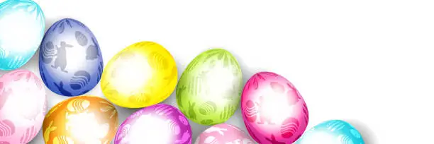 Vector illustration of Multicolored Easter colorful eggs with an ornament on an isolated white background. Festive illustration in realistic style.