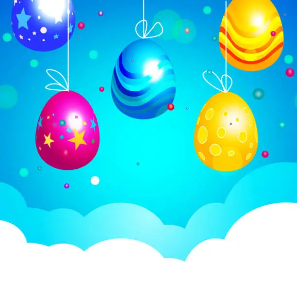 Vector illustration of Multi-colored Easter eggs with an ornament in the clouds. Creative illustration in flat style.