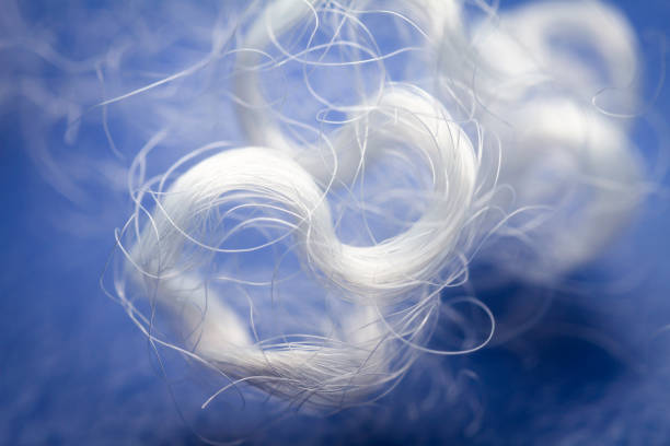 istock Extreme macro of polyester stable fiber on blue background 1462678131