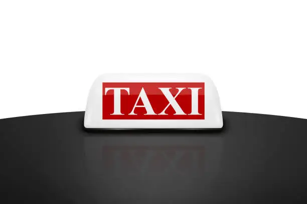 Vector illustration of Vector 3d Realistic White and Red Taxi Car Roof Sign Icon Closeup on the Black Roof of a Car Isolated. French Taxi Sign, Design Template for Taxi Service, Mockup. Front View