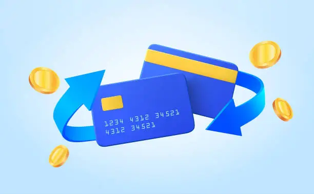 Vector illustration of Cash back credit card with cashback icon and flying coins on blue background. Credit or debit card refund money, online payment, Money-saving, money transfer, coins. 3d vector illustration