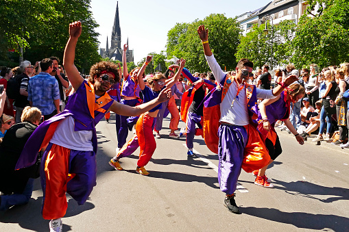 A professional dance group with a spectacular performance in the Carnival of Cultures in Berlin, Germany.