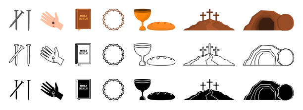 Christian icons set. Risen icons. Cross, communion, bible, and so on. Vector Christian icons set. Risen icons. Cross, communion, bible, and so on. Vector. last supper stock illustrations