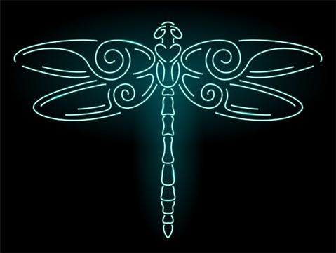 Beautiful linear vector illustration with colorful blue neon shiny decorative dragonfly silhouette on the dark background
