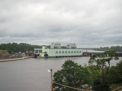 Volkhov, August 6 2021 Volkhovskaya HPP, HPP-6 is a hydroelectric power plant on the Volkhov River in the Leningrad Region. The first large hydroelectric power plant in Russia. Electricity generation