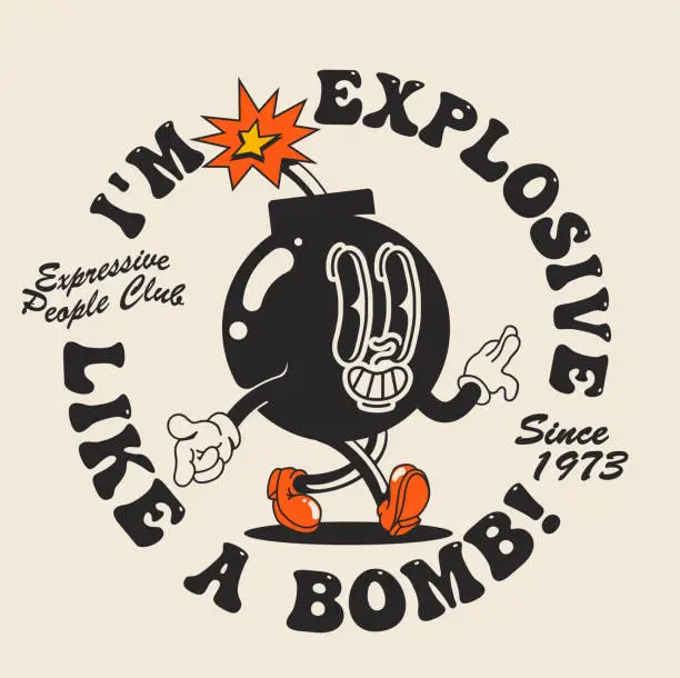 Vector illustration of Funny walking cartoon bomb mascot in retro style with typographic composition isolated on light background for t-shirt print or poster design. Vector illustration