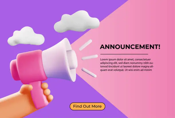 Vector illustration of Announcement or promotion concept with 3d cartoon hand holding loudspeaker or megaphone and text information placeholder for web banner or website.Vector illustration