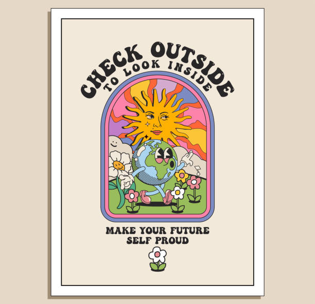 Vintage groove hippie inspiration poster or t-shirt design template with walking earth character and motivational slogan. Vector illustration vector art illustration
