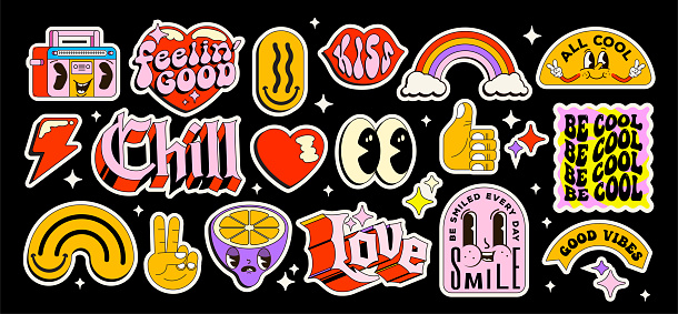 Set of nostalgic pop art sticker pack. Collection of funny and cute emoji and vintage lettering badges and graphic elements isolated on black background. Vector illustration