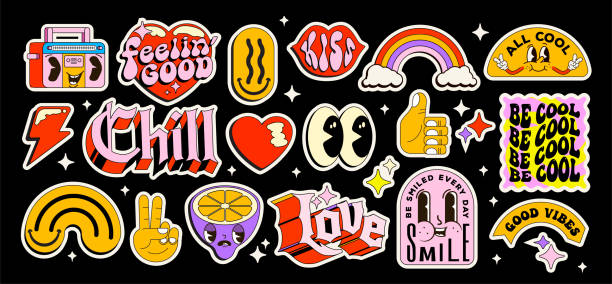 Set of nostalgic pop art sticker pack. Collection of funny and cute emoji and vintage lettering badges and graphic elements isolated on black background. Vector illustration vector art illustration