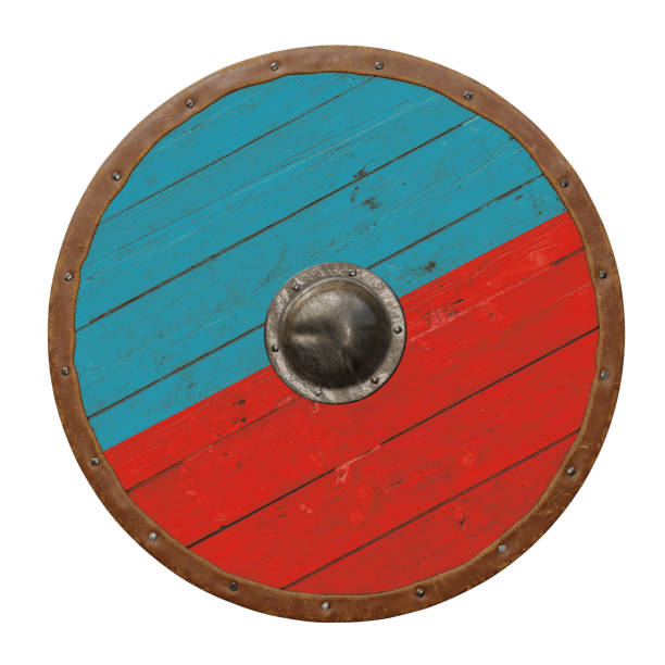 istock Wooden, round, medieval shield with leather tacked edge 1462693581