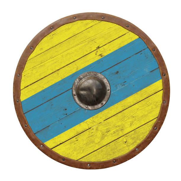 Wooden, round, medieval shield with leather tacked edge