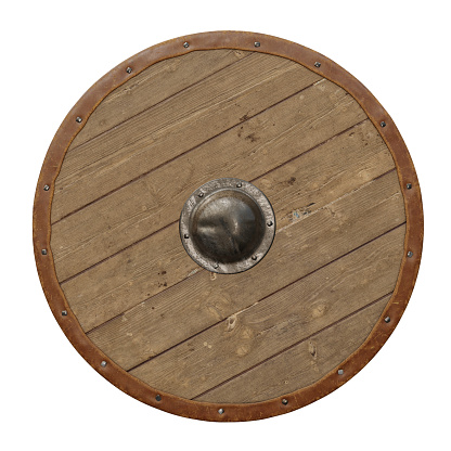 Wooden, round, medieval shield with leather tacked edge. Unpainted. Isolated on white background. 3D rendering