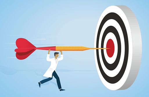Scientist, doctor or nurse running with big red dart arrow to bulls eye on dartboard.  Goals and plan in research or care. Vector illustration.