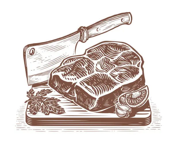 Vector illustration of Hand drawn meat steak on wooden board with cleaver knife. Cooking beef. Sketch vector Illustration for restaurant menu