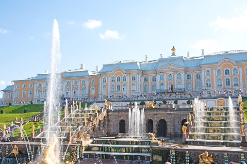 St. Petersburg, Russia - August 20 ,2022: Peterhof Palace. Fountain of Grand Cascade in Peterhof