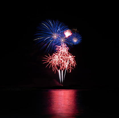 Fireworks bursting over the ocean off Ko Olina Lagoons in Oahu on New Year’s Eve.