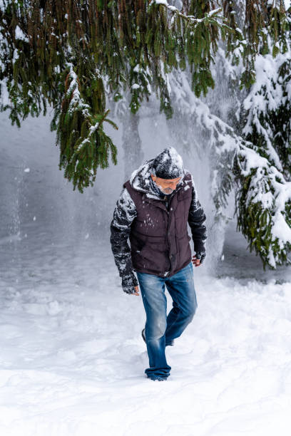 Active Senior Men in the Park in Winter stock photo