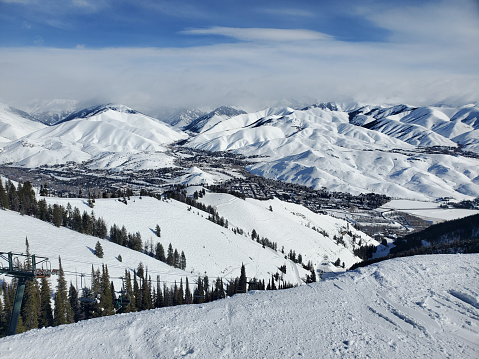 Towns of Sun Valley and Ketchum, Idaho seen from high above at the ski resort.