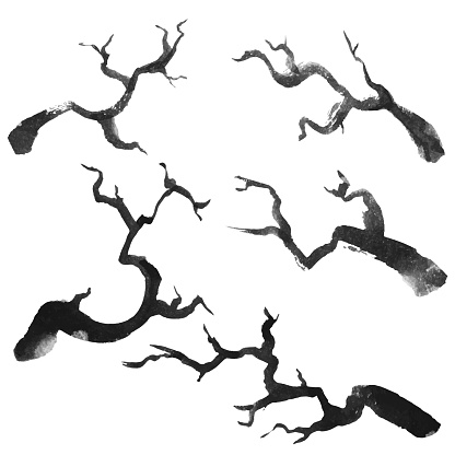Ink hand drawn style isolated silhouettes of branches set. Vector clip art illustration.