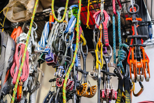 istock Colorful Climbing Gear Hanging on Rack 1462713128