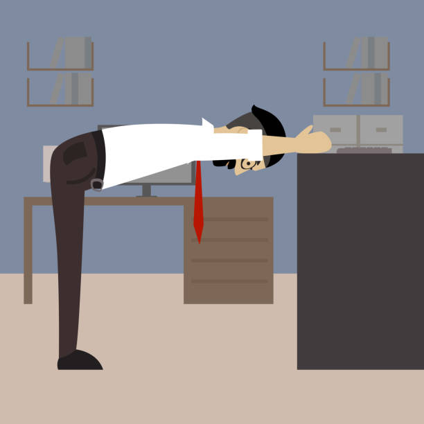 istock Man in business clothes is doing exercises for back on the office chair. 1462713231