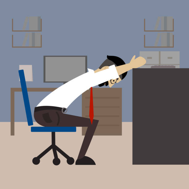 istock Man in business clothes is doing exercises for back on the office chair. 1462713327