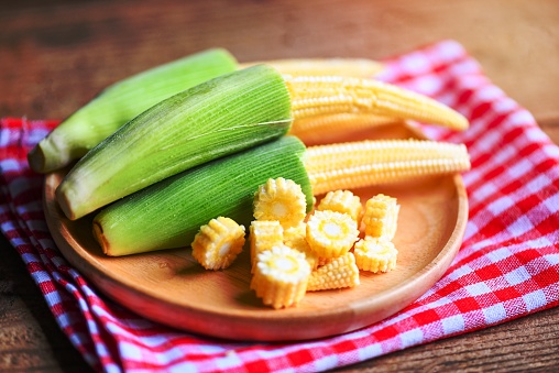 Baby corn on wooden plate, Fresh young baby corn for cooking health food, Close up raw organic baby corn on tablecloth background.
