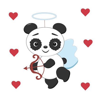 Funny cute amorous panda with wings and a bow. Vector illustration for valentine's day or wedding card.