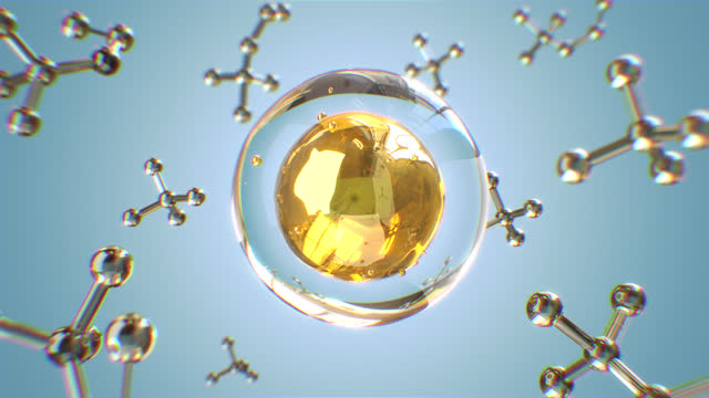 Gold vitamin oil inside pure bubble and molecule floating animation.
