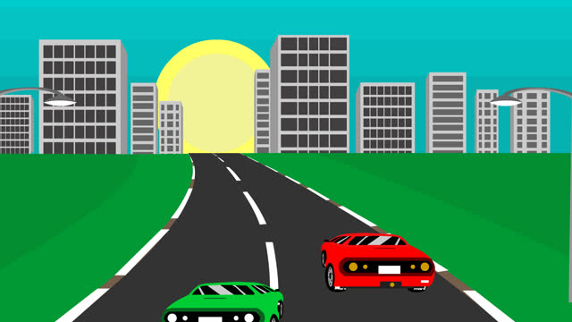 Animated video of old racing car game in 8-bit style with other cars competing in the sun, city, arcade, pixel art, 2d.