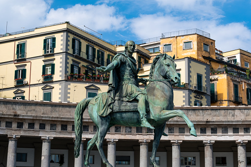 Fountain of Dioscuri and obelisk in front of Quirinal Palace in Rome, Italy. Quirinal Palace is the former royal and papal residence, now the presidential palace with a museum.