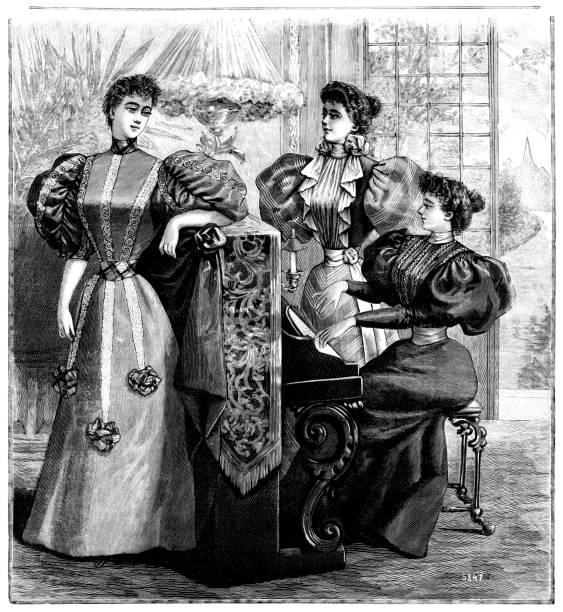 moda francuska - trzy kobiety z końca 19 wieku wokół fortepianu - victorian style engraved image 19th century style image created 19th century stock illustrations