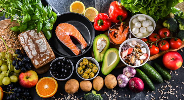 Food products representing the Mediterranean diet Food products representing the Mediterranean diet which may improve overall health status mediterranean food stock pictures, royalty-free photos & images