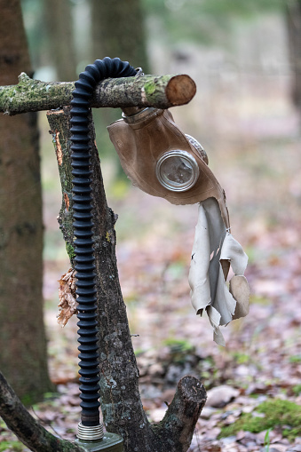 Gas mask in the forest. Prop in the forest near the agritourism farm in Koryciny, Poland