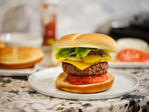 A close up of a hamburger prepared at home.