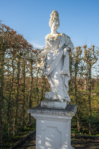 Hannover, Germany - Jan 16, 2020: Sophia of Hanover Statue at Herrenhausen Gardens - Hanover, Lower Saxony, Germany