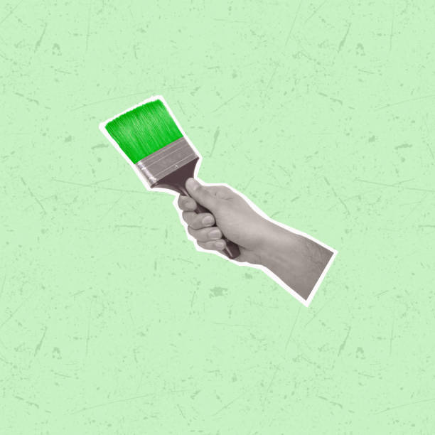 Contemporary art collage with a hand holding a brush. Greenwashing concept. Modern design. PR and trend about caring for the environment. Copy space for ad.