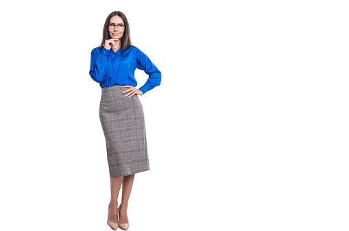 full length of executive businesswoman in studio, copy space. successful businesswoman boss. businesswoman isolated on white background. professional businesswoman wear shirt.