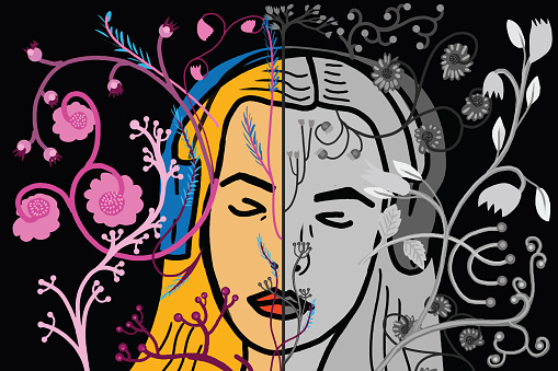 Illustration showing us woman with colorful flowers coming out of her head as a representation of mental state