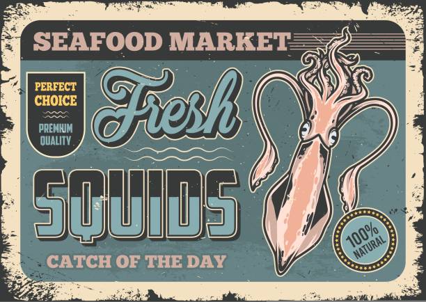 ilustrações de stock, clip art, desenhos animados e ícones de fresh squid poster vintage colorful - fish seafood prepared fish nautical vessel