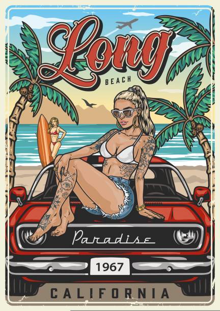 ilustraciones, imágenes clip art, dibujos animados e iconos de stock de póster de conductor de chica de playa colorido - car california sports race motorized sport